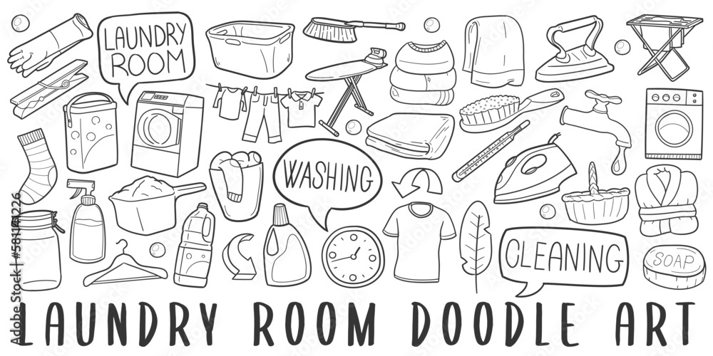 Laundry Room Doodle Icons. Hand Made Line Art. Cleaning Clothes Clipart
