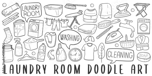 Laundry Room Doodle Icons. Hand Made Line Art. Cleaning Clothes Clipart Logotype Symbol Design.