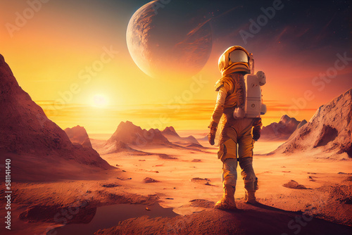 Astronaut standing on alien planet watching sunset