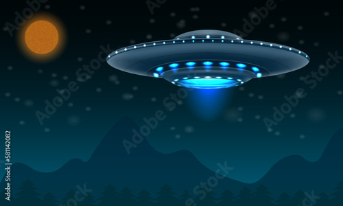 ufo space flying saucer alien ship luminous vector illustration