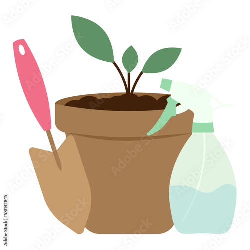 Flower pot, planting scoop and pulverizer. Flat vector illustration
