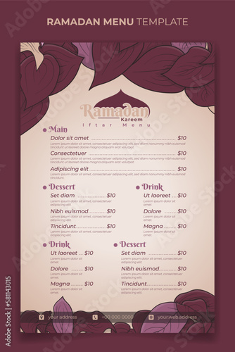 Food menu template with purple leaves design for ramadan kareem iftar party event
