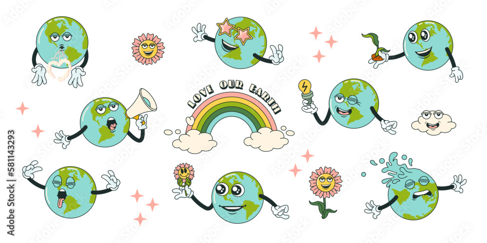Retro earth cartoon character planet stickers in trendy retro cartoon style. Sticker pack for Earth or World Environment Day. Funny vector illustration of planet Earth. Eco green labels or badges.
