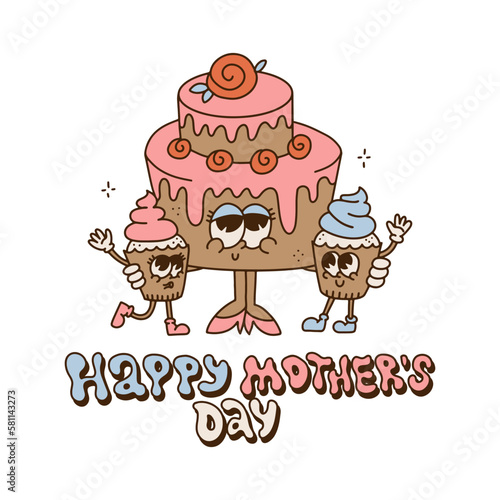 Cake and two little cupcakes family. Retro cartoon Characters. Groovy mom with son amd daughter. Nostalgic poster with lettering Happy Mothers Day. Vector contour Illustration. Hippie 60s - 80s style