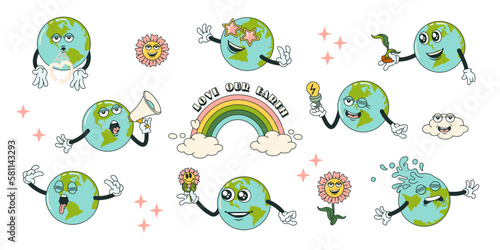 Retro earth cartoon character planet stickers in trendy retro cartoon style. Sticker pack for Earth or World Environment Day. Funny vector illustration of planet Earth. Eco green labels or badges.