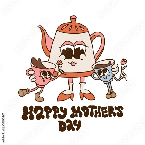 Happy mothers day card. Groovy teapot retro character family mom with cups children. Nostalgic poster with vintage mascots. Vector contour Illustration with lettering text. Aesthetic of 50s-80s