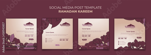 Set of social media post template with purple leaves background in hand drawn for ramadan design