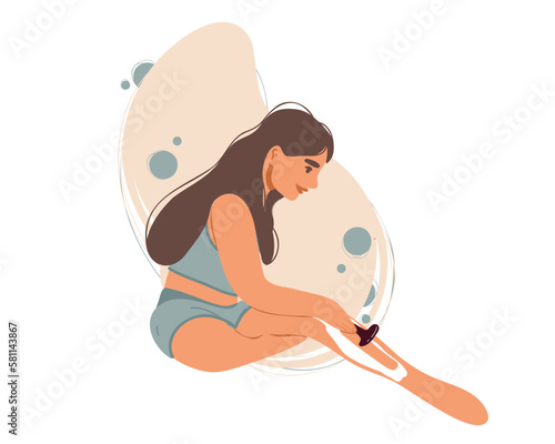 A young woman shaves her leg hair with a razor. Flat vector illustration