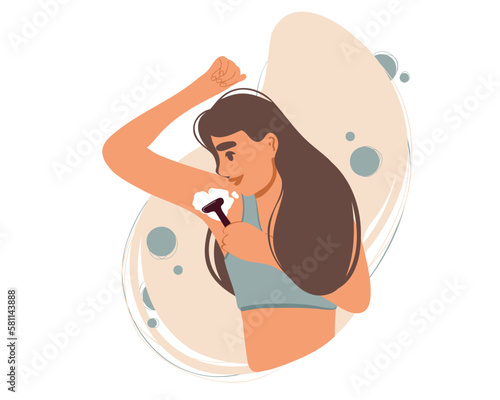 A young woman shaves her armpit hair with a razor in her hand. Flat vector illustration