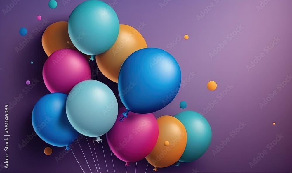 a bunch of balloons floating in the air with confetti around them on a purple and purple background with confetti around the balloons. generative ai a bunch of balloons floating in the air with confetti around them on a purple and purple background with confetti around the balloons. generative ai