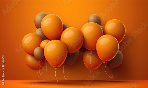 a bunch of orange balloons floating in the air on an orange background with a shadow on the wall and a shadow on the floor below. generative ai