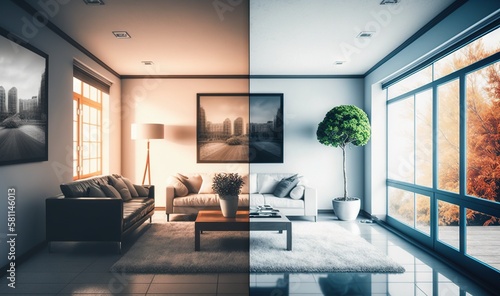  a living room filled with furniture and a large window covered in sunlight and a picture of a city behind the couch and a tree in the corner.  generative ai