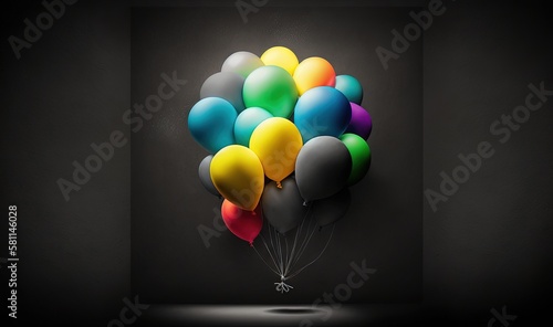  a bunch of balloons floating in the air on a black background with a shadow on the floor and a black wall behind it  with a shadow on the wall.  generative ai
