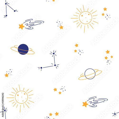 Seamless pattern with space and set of space elements in doodle style  planets  stars  constellations  flying saucers 
