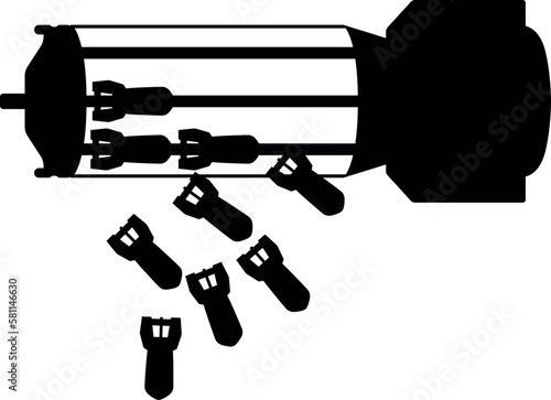 cluster munition, cluster bomb, submunition bomb a form of air dropped or ground-launched explosive weapon detailed realistic silhouette. Model RBK-500-255-PTAB-10-5, -AMC48024-1-РБК-500-255-2