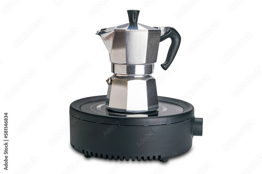 Side view of italian moka pot coffee maker heating on electric strove isolated on white background with clipping path Side view of italian moka pot coffee maker heating on electric strove isolated on white background with clipping path