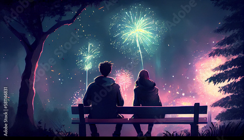 A couple in a park watching fireworks on a night of celebration generated by AI photo