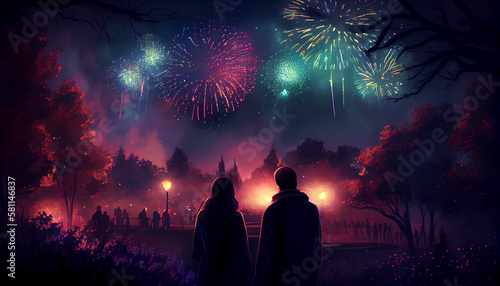 A couple in a park watching fireworks on a night of celebration generated by AI