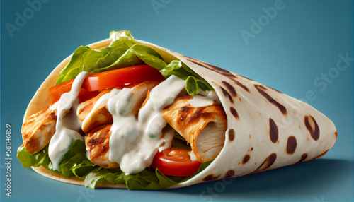 A grilled chicken wrap with lettuce, tomato, and yogurt sauce generated by AI photo