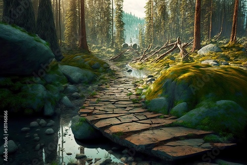 abandoned duckboards path in forest passing between fallen trees and stones, created with generative ai photo