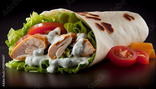 A grilled chicken wrap with lettuce, tomato, and yogurt sauce generated by AI photo