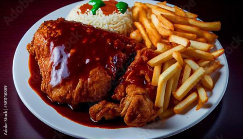 A plate of crispy fried chicken with french fries and barbecue sauce generated by AI photo