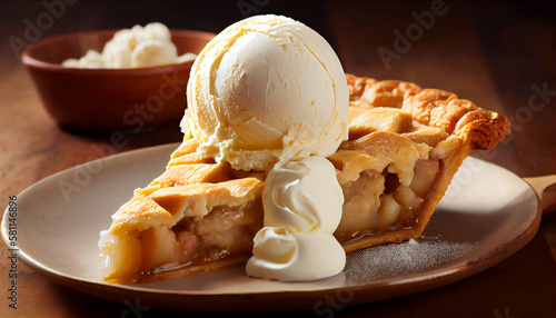 A hot slice of apple pie with a scoop of vanilla ice cream on the side generated by AI photo