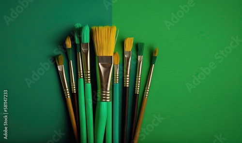  a group of brushes sitting next to each other on a green surface with a green wall in the background and a green wall in the background. generative ai