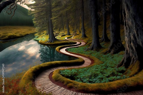 winding duckboards path in forest extending far beyond horizon, created with generative ai photo