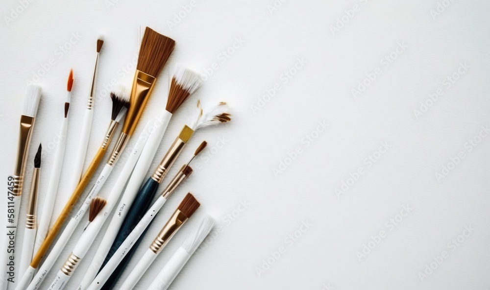 a group of brushes sitting on top of a white table next to a white wall and a white wall with a black and gold brush. generative ai a group of brushes sitting on top of a white table next to a white wall and a white wall with a black and gold brush. generative ai