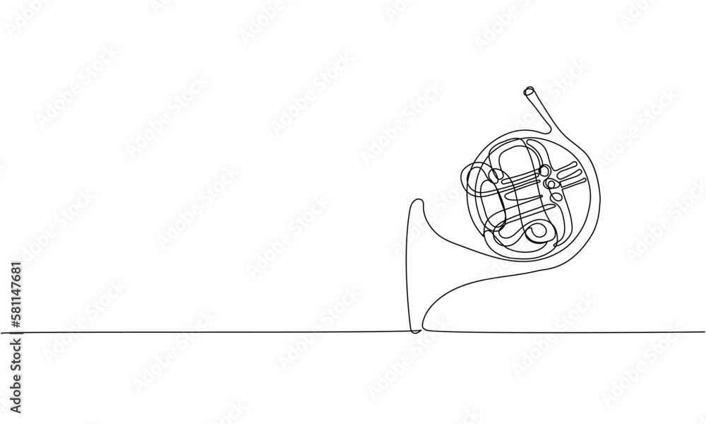 French horn one line art. Continuous line drawing of musical, classic