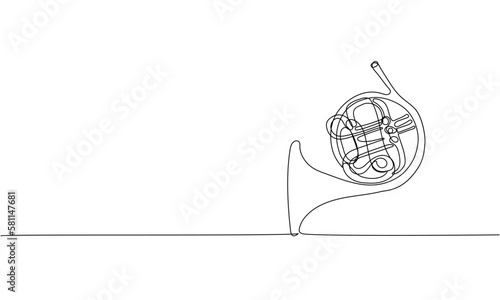 French horn one line art. Continuous line drawing of musical, classic, melody, acoustic, symphonic, horn, french, ensemble, orchestra, trumpet.