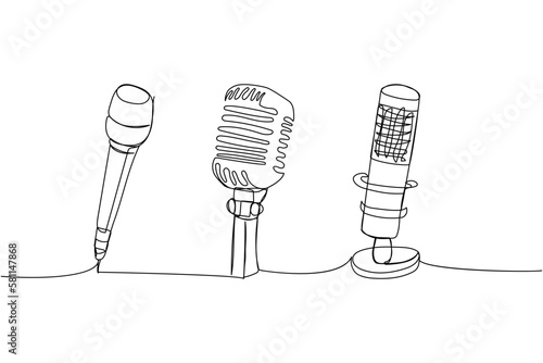 Microphone set one line art. Continuous line drawing of musical, retro, broadcasting, microphone, radio, music, karaoke, audio, sound, retro, record, broadcast, media