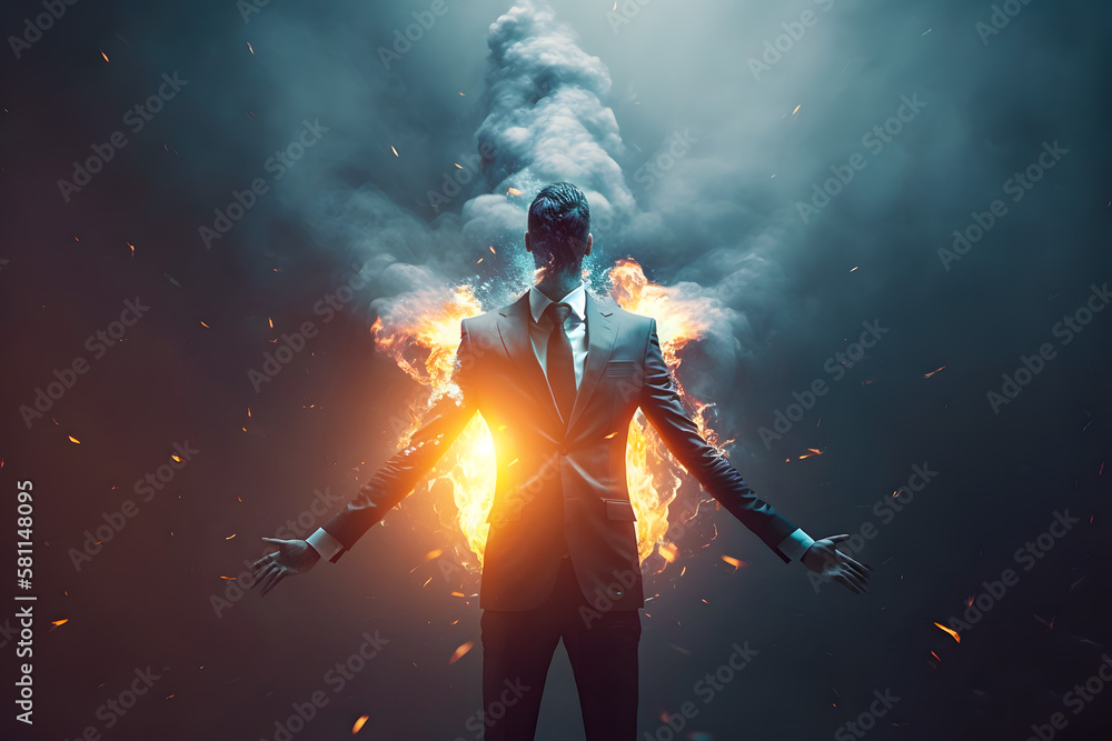 Obraz premium Man in a business suit with an inflamed body hands spread wide. The concept of burnt out, mental overload, employment, stress at work, brain drain. Generative AI technology.