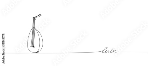 Lute one line art. Continuous line drawing of music, instrument, folk, musical, culture, acoustic, ethnic, kobza, traditional, mandolin, string with an inscription, lettering, handwritten.