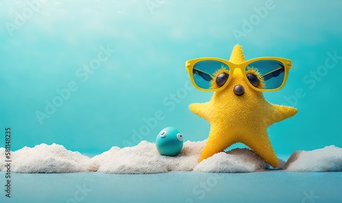  a starfish with sunglasses and a starfish toy in the sand on a blue background with a starfish in the foreground and a starfish in the foreground. generative ai