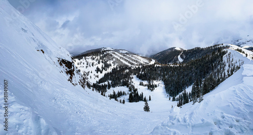 Panorama of snowy mountains of Park City ski resorts as seen from the top of McConkey's hike.