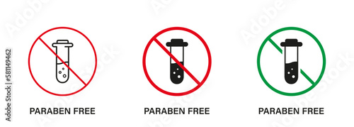 Paraben Free with Test Tube Silhouette and Line Icon Set. Forbidden Paraben in Food Symbol. Safety Eco Organic Cosmetic Bio Product. Chemical Preservative Stop Sign. No Plastic. Vector Illustration