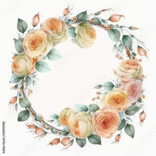 Watercolor round frame of roses. AI generative.