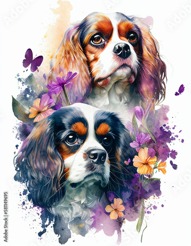 Slika na platnu Watercolor cavalier king charles spaniel dogs and flowers