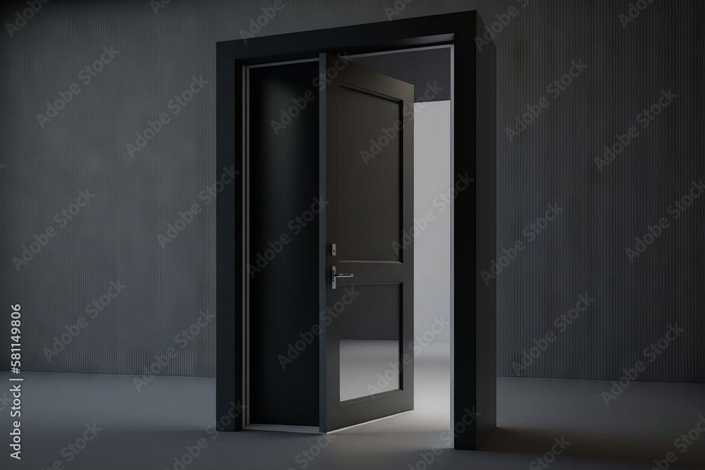 Open door in a dark room with black walls. Generative AI Open door in a dark room with black walls. Generative AI