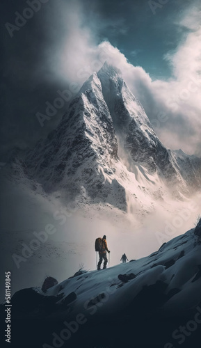 Hiker in Himalayas, Manaslu region, Nepal. Generative AI