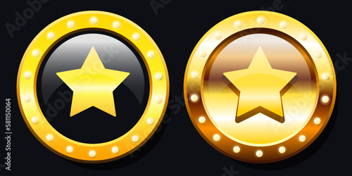 Badge with gold star. Round medal with gold frame and light bulbs.