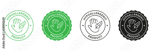 Hypoallergenic Product Stamp Set. Green and Black Labels Hypoallergenic Safety for Cosmetics. Allergen Free Stickers. Hand and Feather Icon. Approved Materials. Isolated Vector Illustrations photo