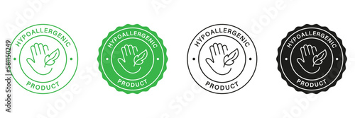 Hypoallergenic Product Stamp Set. Green and Black Labels Hypoallergenic Safety for Cosmetics. Allergen Free Stickers. Hand and Feather Icon. Approved Materials. Isolated Vector Illustrations