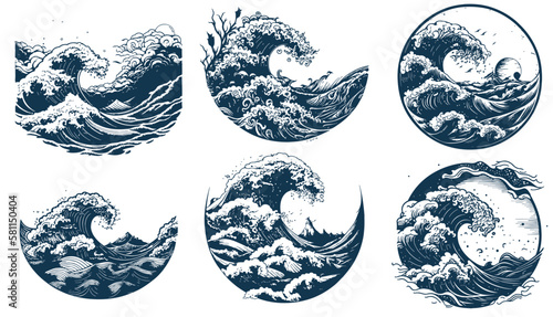 Sea waves. Cartoon ocean tidal storm waves isolated on white background. Vector illustration