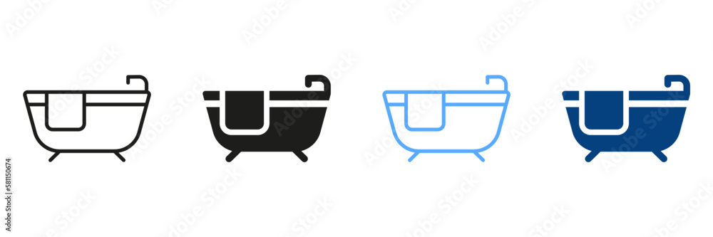 Bath Silhouette and Line Icon Set. Bathtub with Tap and Towel Black and Color Pictogram. Bathroom Symbol Collection. Isolated Vector Illustration Bath Silhouette and Line Icon Set. Bathtub with Tap and Towel Black and Color Pictogram. Bathroom Symbol Collection. Isolated Vector Illustration