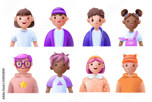 3D kid avatar set, school teen boy girl cartoon character, vector young child face icon cute smile. Diverse kindergarten head collection, happy student team portrait profile clipart. Kid avatar kit