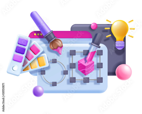 3D website design concept, vector UI UX page redesign illustration, interface design tools, palette. Digital clipart build, creative idea concept, designer software screen. 3D design illustration