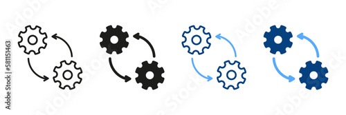 Progress and Workflow Symbol Collection. Cog Wheel in Process Line and Silhouette Icon Set. Circular Arrow, Cogwheel, Operation Gear Pictogram. Isolated Vector Illustration